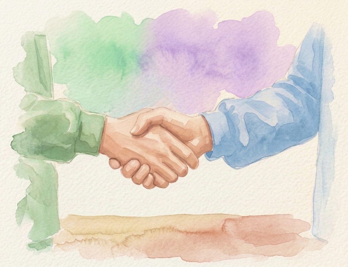 Aquarelle d'une ostéopathe accompagnant un patient au cabinet dentaire RIVES à Annecy